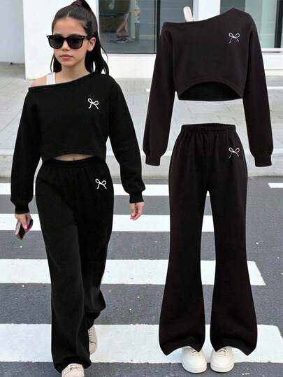 Sparklyn 2 件套青少年女孩 T 恤和喇叭裤套装，秋冬，黑色撞色牛奶丝吊带连帽衫和刺绣蝴蝶装饰长裤，舒适合身，运动风格，适合日常、街头、校园、家庭搭配、姐妹装