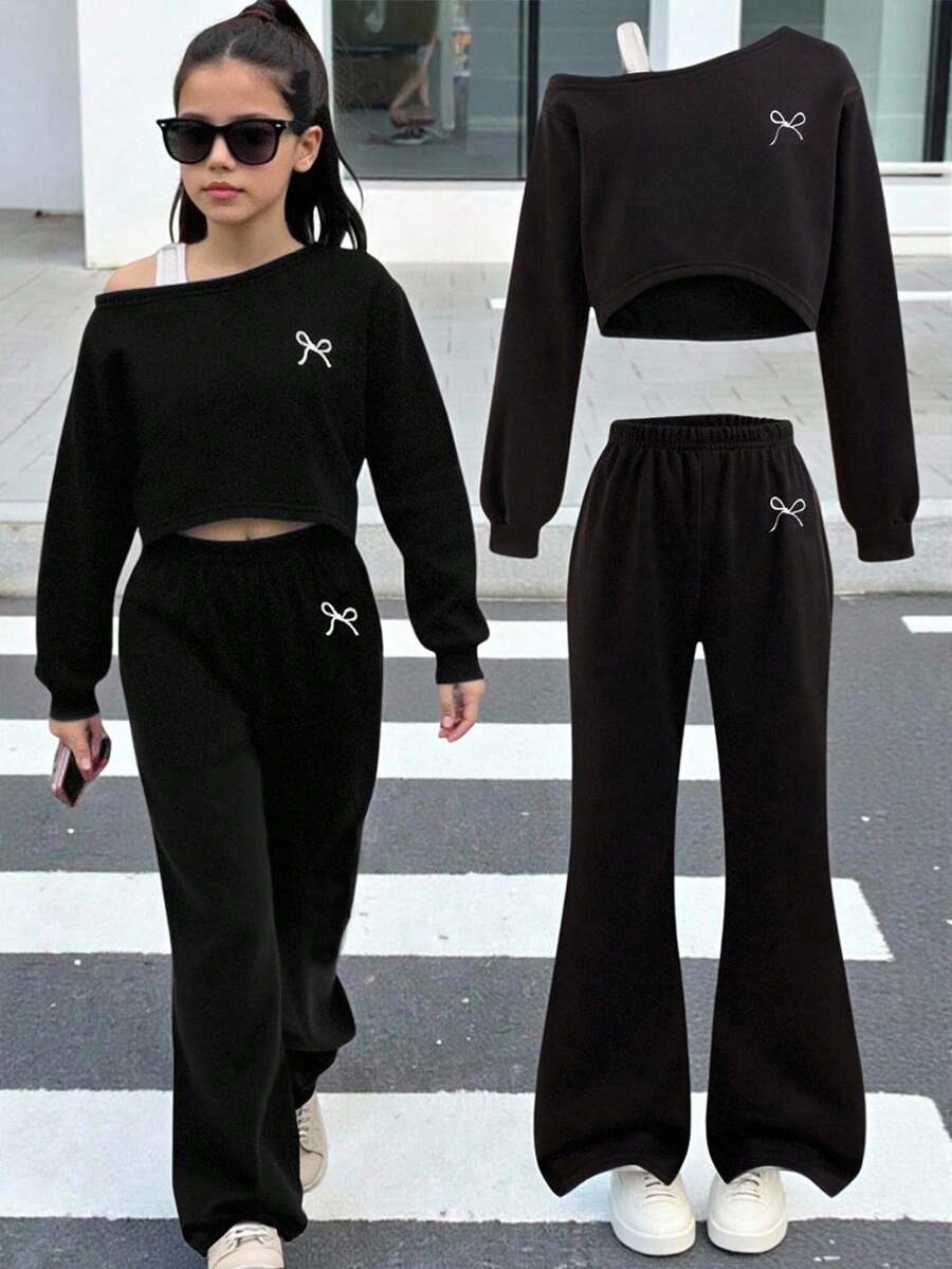 Sparklyn 2 件套青少年女孩 T 恤和喇叭裤套装，秋冬，黑色撞色牛奶丝吊带连帽衫和刺绣蝴蝶装饰长裤，舒适合身，运动风格，适合日常、街头、校园、家庭搭配、姐妹装