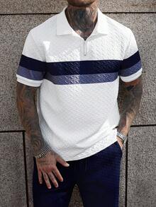 Manfinity Homme Men's Dual-Color Striped POLO Shirt And Pants Set,Navy And White,Summer,Casual,Vacation Quadrilateral Wheat Texture Fabric Ins-Style Autumn Outfits - Multicolor - View 1