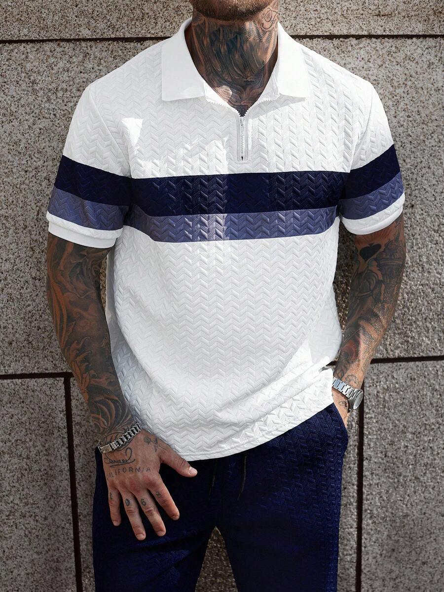 Manfinity Homme Men's Dual-Color Striped POLO Shirt And Pants Set,Navy And White,Summer,Casual,Vacation Quadrilateral Wheat Texture Fabric Ins-Style Autumn Outfits - Multicolor - View 1
