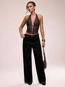 SHEIN BAE Áo ba lỗ hở lưng cổ yếm màu trơn thời trang cho nữ - màu nâu - Xem 5