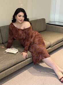 Flirla Plus Size Off Shoulder Long Sleeve Pleated Flocked Rose Elegant Split Bodycon Dress For Dates & Parties, Autumn/Winter Fall Cloth For Women