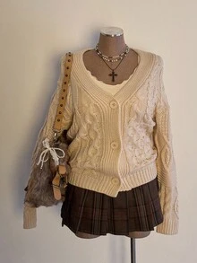 Sunspun Plus Size Women Casual Comfortable Drawstring Chunky Knit Cardigan With Front Button, Suitable For Spring, Autumn And Winter, Back To School Season Fall - Apricot - View 9