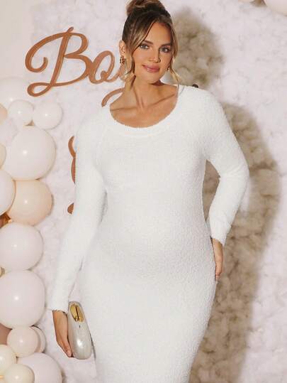 Loomaby Maternity Solid Color Round Neck Raglan Sleeve Fitted Elegant Knit Dress Maternity Dress White Babyshower Dress Maternity White Maternity Dress Pregnancy Photoshoot Dress Long Sleeve Maternity Dress  Dress Gender Reveal Dress Maternity Dress Baby Shower Dress