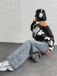 EURMUSE WOMEN LOOSE LOW WAIST WIDELEG MEDIUM BLUE WASH DENIM JEAN Y2K - Dark Wash - View 5