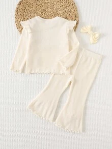 Cozy Pixies 2 件套女婴纯色针织柔软圆领荷叶边长袖上衣和松紧腰喇叭裤套装