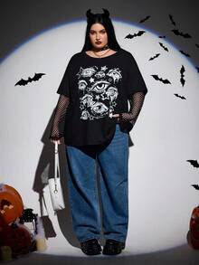 SHEIN CURVE+ Áo thun tay dài in hình mắt Gothic cỡ lớn cho nữ, màu tương phản, họa tiết đầu lâu cho ngày lễ Halloween cỡ lớn/Mùa thu/Đông - màu đen - Xem 6
