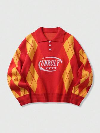 Prep Jersey de punto jacquard con patrón bordado para hombre, corte holgado y acortado