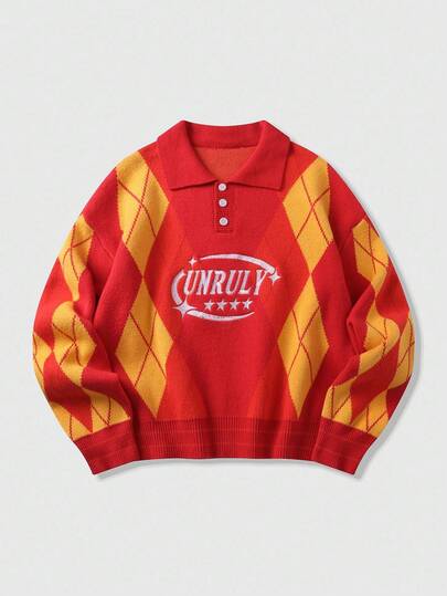 Prep Pull tricoté jacquard à motif brodé pour hommes, coupe ample et courte, automne hiver