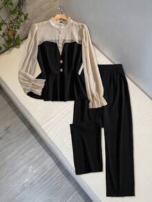 GlowEve CURVE 大码女式透视拼接立领荷叶边下摆系带长袖优雅百搭衬衫 + 纯色宽松裤轻盈法式通勤约会两件套 - 黑色 - 查看 1
