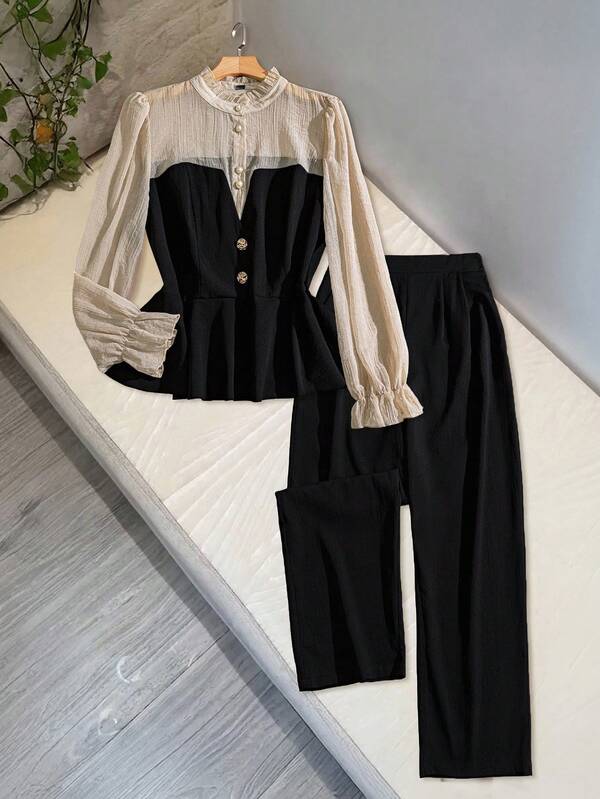 Regalyn Conjunto de 2 piezas de blusa elegante y versátil de manga larga con cuello alto, panel transparente, volantes en el bajo y cinturón + pantalones sueltos y ligeros de estilo francés para uso diario y citas, talla grande