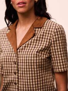 lacRébo 棕色格纹短款夹克，搭配撞色仿麂皮领 - 棕色 - 查看 5