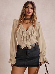 Freevana Plus Size Casual Solid Color Ruffle Trim Shirt/Fall/Winter - Khaki - View 4