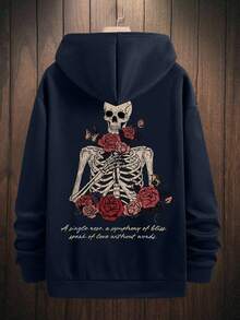 RueChic Cotton Men Skeleton & Slogan Graphic Drop Shoulder Drawstring Hoodie - Navy Blue - View 3