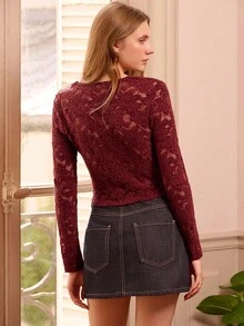 lacRébo Lace Button-Up Top With V-Neck And Gold Buttons Spring Summer - Burgundy - View 5