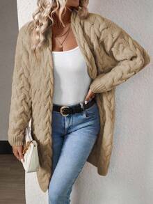 EMERY ROSE Women's Casual Long Knitted Cardigan With Dropped Shoulder And Cable Pattern, Autumn - Khaki - View 3