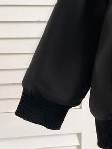 SHEIN 1pc Baby Boys Casual Black Woven Fabric White Letter Print Zip-Up Baseball Collar Long Sleeve Lightweight Jacket, Showcasing Style For Toddler Boys, Suitable For Back To School, Daily Outings And Leisure Activities Baby Boy Jacket Baby Black Jacket Baby Zip Up Jacket Baby Boy Bomber Jacket Toddler Zip Up Jacket Baby Boy Zip Up Jacket Boys Black Jacket Baby Bomber Jacket Baby Jacket Fall Winter - Black - View 8