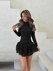Jemour Women's Black Lace Mini Dress: Long Sleeve, Ruffle Hem, Perfect For Parties And Nights Out,Summer Dresses For Women,Tea Party Dress,Business Casual Woman - Black - View 4