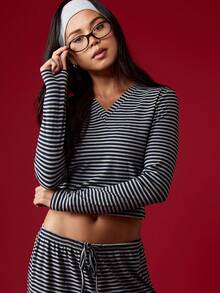 MISSGUIDED 条纹长袖短款上衣和高腰阔腿裤搭配套装，适合秋冬穿着 - 彩色 - 查看 7