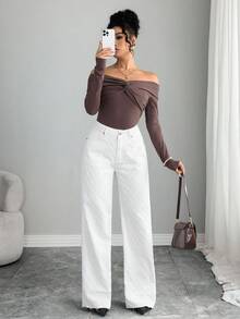 Selianne Jeans casual e versatili a gamba dritta con texture e colore unito - Bianco - Visualizzare 3
