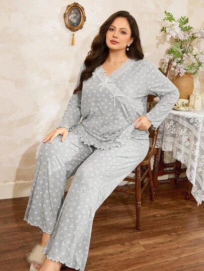 Côtesoire 大码女式不对称蕾丝V领蝴蝶结超柔软薄针织牛奶丝蝴蝶结印花长袖上衣和裤子套装，甜美休闲家居服/睡衣两件套，秋冬服装，舒适套装