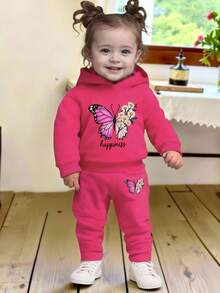 SHEIN Playful Pals 2 件套女婴套装：花卉和字母印花连帽卫衣和花卉印花羊毛裤，适合秋冬季外出 - 玫紅色 - 查看 1
