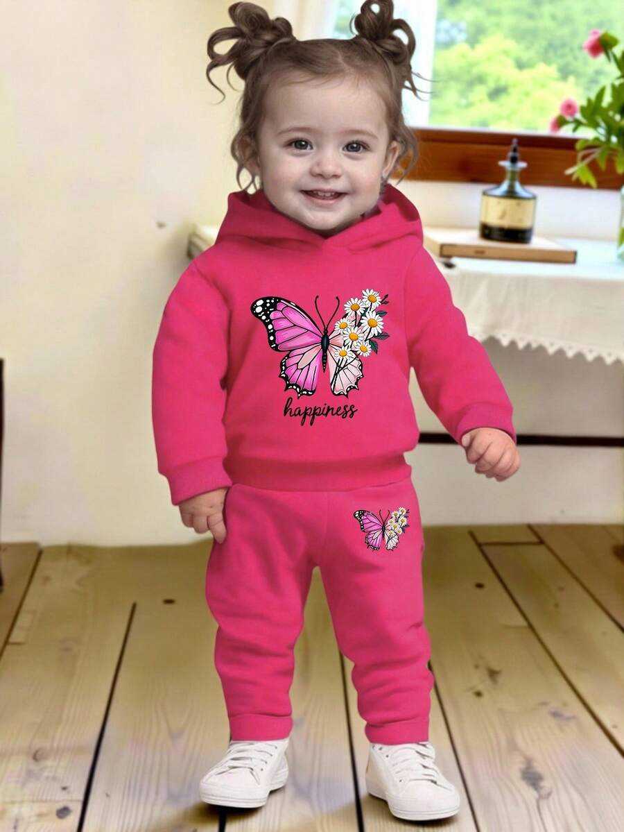 SHEIN Playful Pals 2 件套女婴套装:花卉和字母印花连帽卫衣和花卉印花羊毛裤,适合秋冬季外出 - 玫紅色 - 查看 1