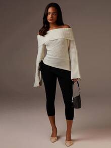 Athîral 女士纯色露肩长袖时尚毛衣，秋季 - 白色 - 查看 3