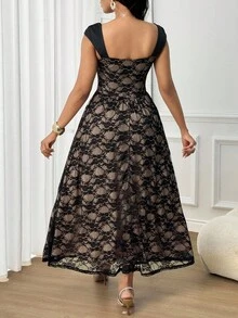 SHEIN Lady 女士优雅派对、休闲约会、浪漫蕾丝针织修身A字廓形长款连衣裙，适合女士婚礼宾客、派对、返校节、音乐会等场合，款式优雅得体。 - 黑色 - 查看 2