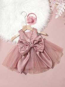 SHEIN 2Pcs Set Newborn Girl Pearl Style Dress With Rose Flower Headband Baby Photo Shooting Outfits Infant 1 Month 100 Days Taking Picture Costume Fall Winter