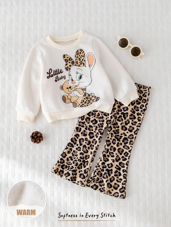 Cozy Pixies 2 Stücke Baby Mädchen Cartoon Tier Muster Weich Strick Rundhals Langarm Sweatshirt und Elastischer Bund Weite Bein Hose Set