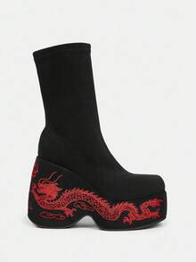 Sugerpunk Women's Round Toe Platform Thick Sole Embroidered Dragon Pattern Suede Slip-On Black Ankle Boots