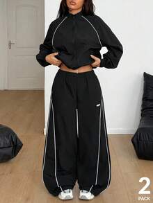 Coolane Women's Fall/Winter Streetwear Athleisure Cargo Going Out Casual Corta Vento Reflective Lapel Coat And Parachute Pants Cargo Pants,2pcs Y2k - Black - View 4