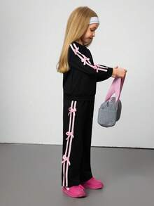 Hanevo 2pcs/Set Young Girl Spring & Summer Casual Ribbon Bow Sweatshirt Top & Bowknot Pants Set, Comfy Outfit - Black - View 4
