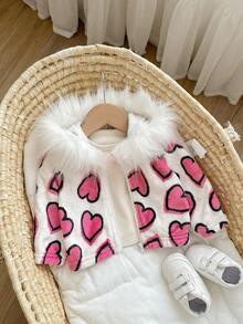 Newborn Baby Girl Cute Versatile Fuzzy Heart Pattern Hooded Jacket, Autumn/Winter Fall