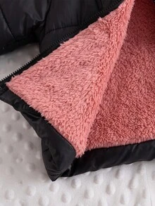 SHEIN 1pc Infant/Toddler Unisex Black Hooded Long Sleeve Padded Coat With Pink Plush Lining, Winter Fashion Simple Design Suitable For Daily School Wear Fall - Black - View 7