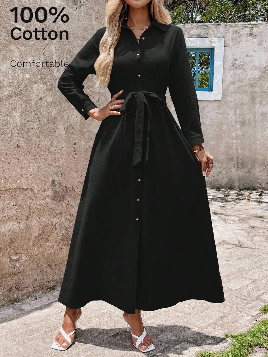 SHEIN Clasi Đầm sơ mi buộc cổ thanh lịch mới dành cho nữ, đầm dài màu xanh lá cây thích hợp để đi làm, mặc hàng ngày và nhiều dịp khác nhau - màu đen - Xem 1