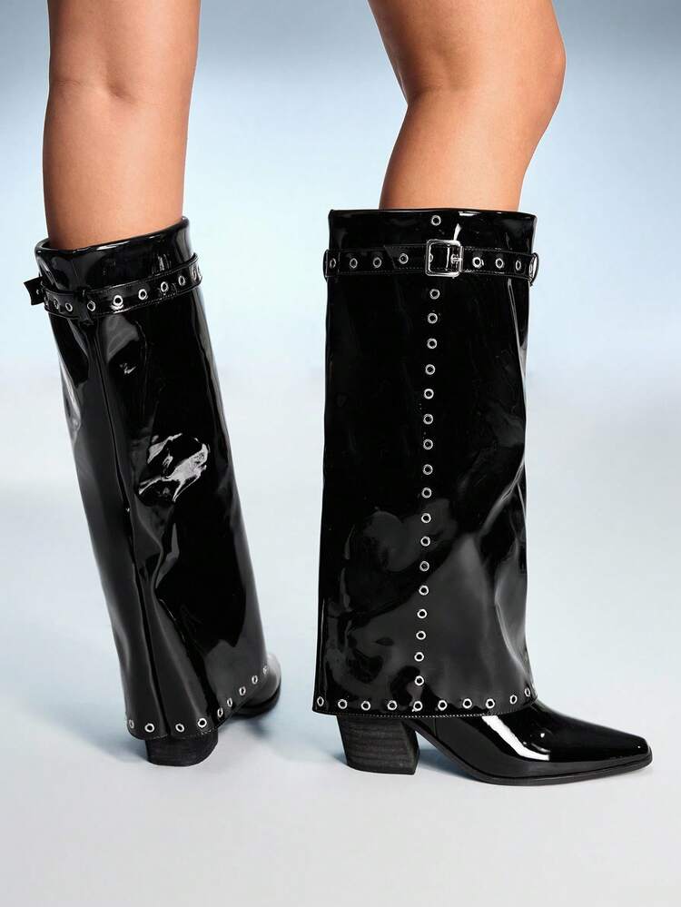 CUCCOO GRLICON Women's Simple Slip-On Comfortable Wooden Heel Warm Boots, Suitable For Halloween, Christmas, Party, Music Festival, Autumn Black Boots