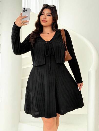 Solflare 加大码纯色系带短款上衣和细肩带迷你连衣裙两件套