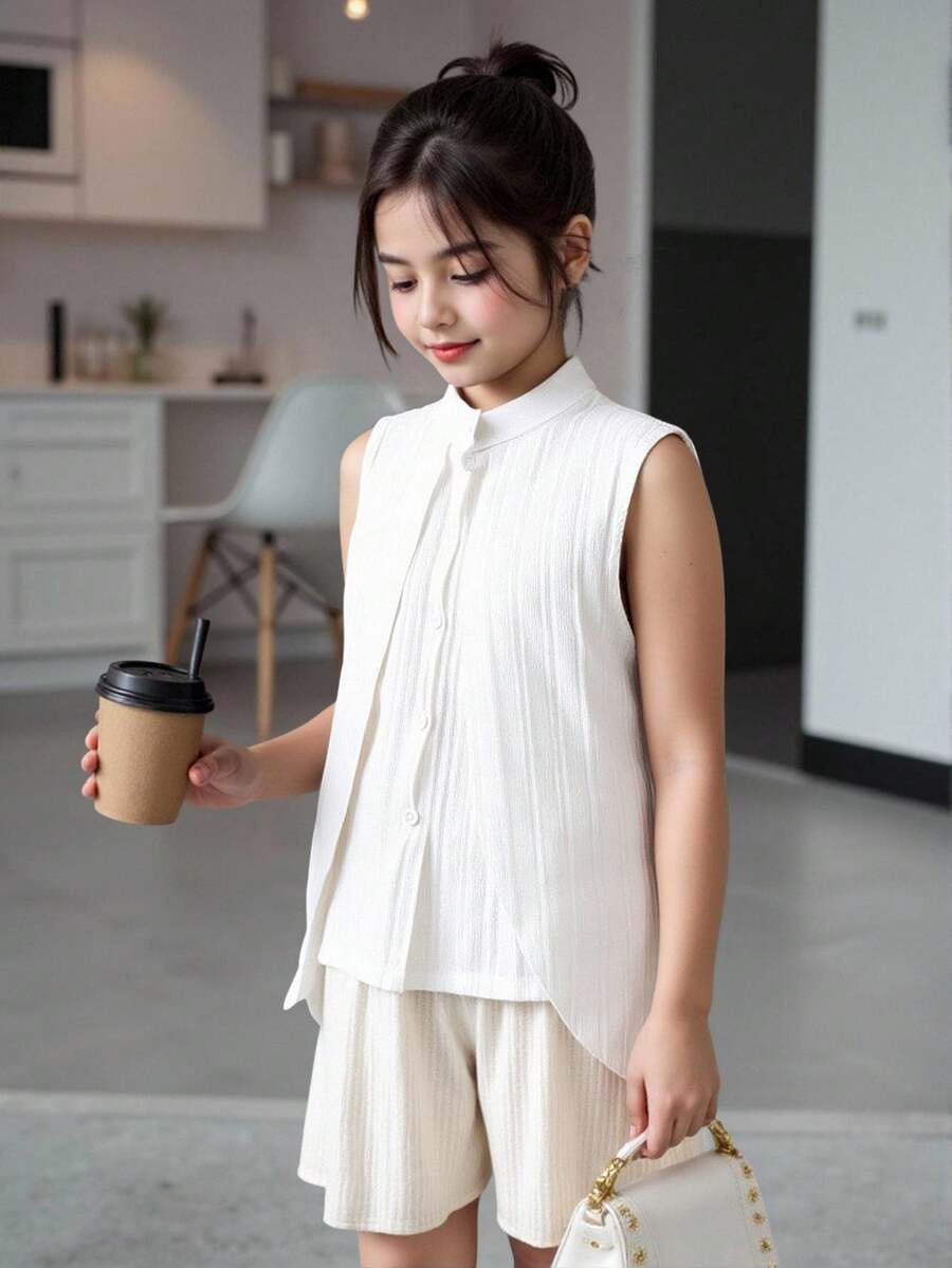 SHEIN Tween Girl Button Front High Low Hem Sleeveless Shirt - White - View 1