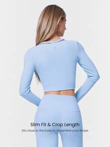 GLOWMODE Slim Fit Warm Crop Length Long-Sleeve Top With Thumbholes Removable Padding Yoga Pilates Daily Active Wear Sweat-Wicking - Baby Blue - View 2