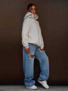 SAYEHFBABY Quần jean nữ Nút Túi Bị tách Dây kéo màu trơn - Rửa nhẹ - Xem 5