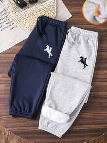 SHEIN 2 Stücke/Set Kinder/Tween-Jungen Lässige Grafik Muster Kordelzug Taille Locker Gestrickte Jogginghose, 2 Farben - Verschiedenfarbig - Übersicht 2