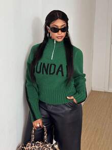 Maweii Suéter de mujer talla grande con cremallera y gráfico de letras, verde, para otoño e invierno - Verde - Ver 5