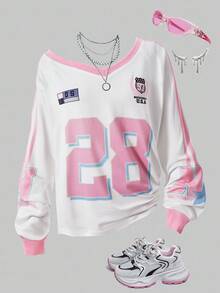 SHEIN Explorewe 1 件 Tween Girl 美式运动长袖 T 恤，适合青少年女孩，舒适柔软的面料，适合运动、休闲装、学校、摄影、旅行和各种场合，时尚、轻便、必备上衣、街头服饰 - 白色 - 查看 3