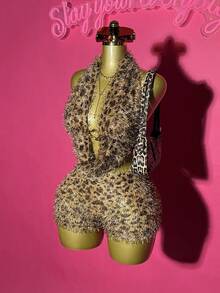 Slaydiva 2025 秋冬新款 Y2K 性感街头棕色修身豹纹毛皮面料露背吊带上衣 + 高腰修身短裤女两件套，适合晚餐、夜店、旅行、度假、夜间外出、派对、约会之夜服装女装-B - 彩色 - 查看 3