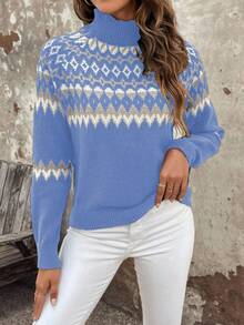 EMERY ROSE Áo len dài tay cổ cao dáng rộng thoải mái cho nữ (Họa tiết Argyle ngẫu nhiên), Thu/Đông - Màu xanh lam - Xem 5
