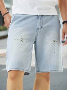 Manfinity Homme Quần Jeans Ngắn Thường Ngày Màu Xanh Nhạt Nhạt Được Phun Sơn, Phong Cách Nhật Bản/Hàn Quốc - Màu xanh lam - Xem 3