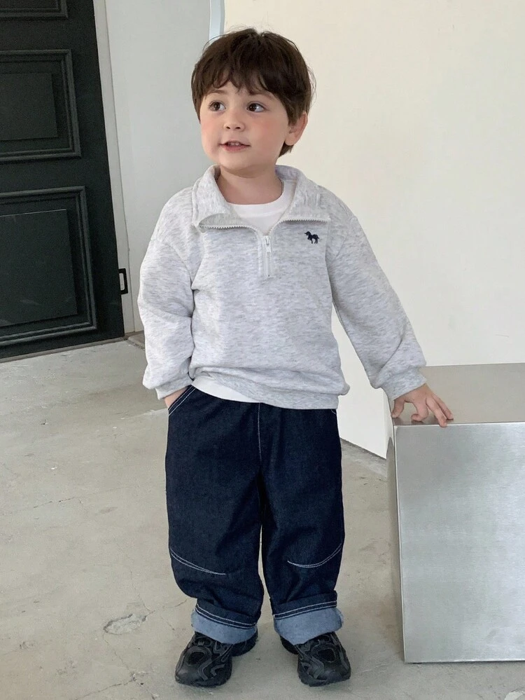 Toddler Boys' Cartoon Embroidery Collar Long Sleeve Sweatshirt, Autumn/Winter