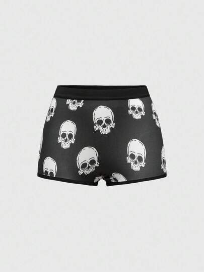 Goth Women's Elastic Waist Gothic Skull Print Boyshort Panties